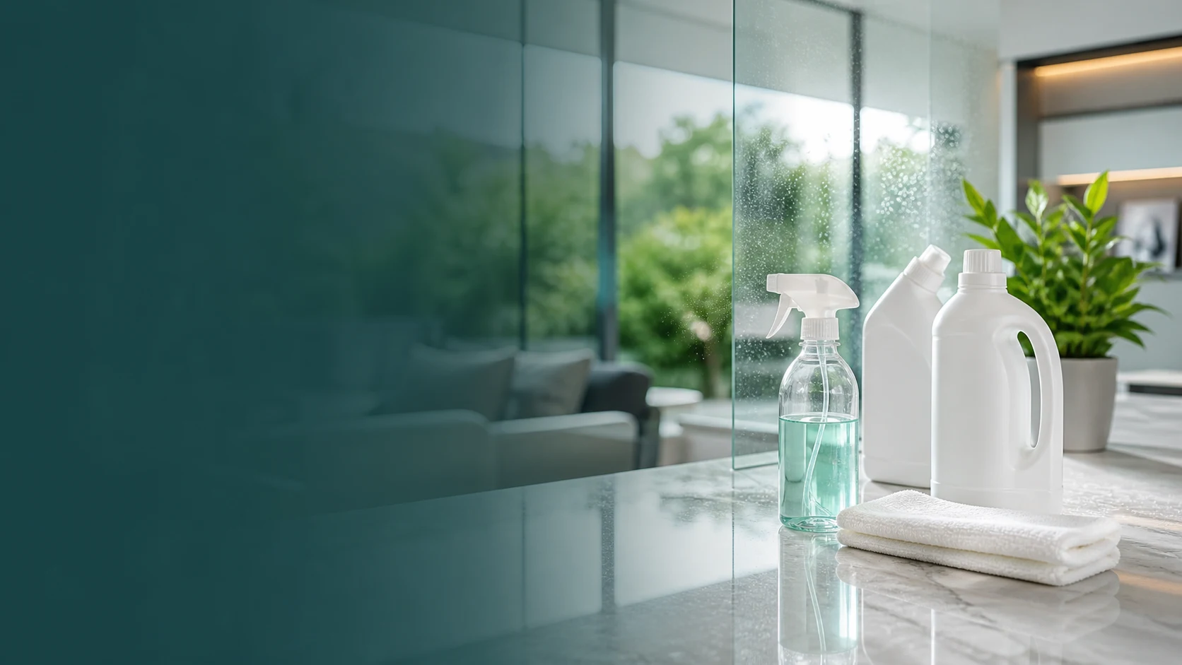 Limpiadores Haz Clean en un hogar moderno con superficies y vidrios impecables
